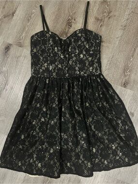 Minuet Petite Black Lace Dress with Gold Underlay